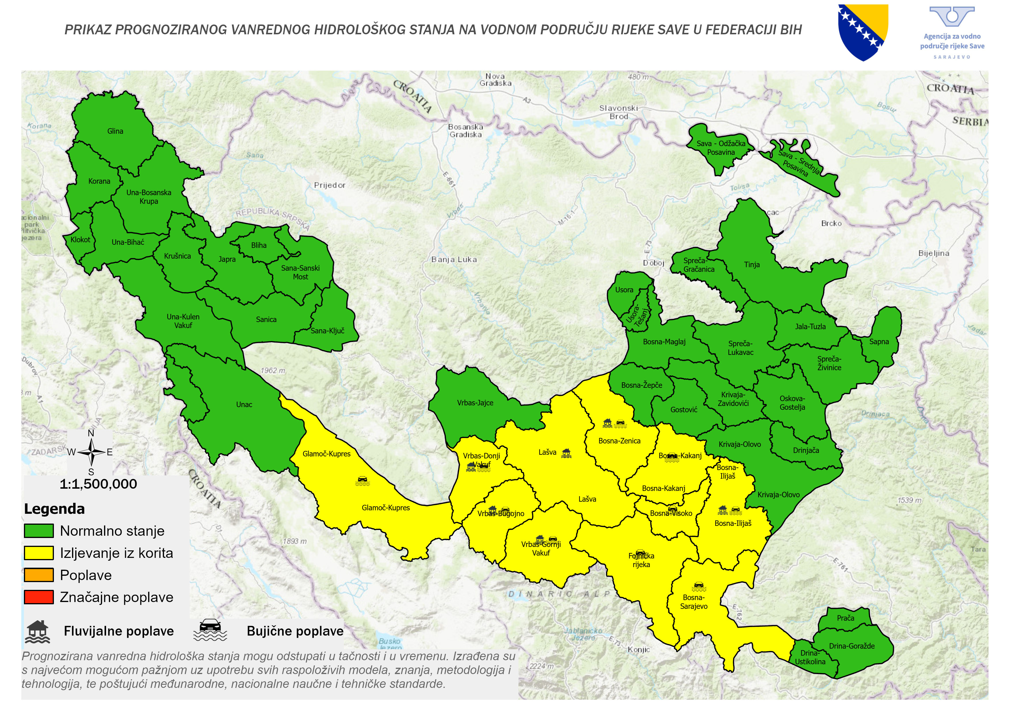 Karta koja prikazuje područje vanrednog hidrološkog stanja januar 2026