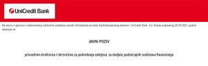 Javni poziv UniCredit Bank d.d. Mostar za podnošenje zahtjeva za dodjelu podsticajnih sredstava finansiranja